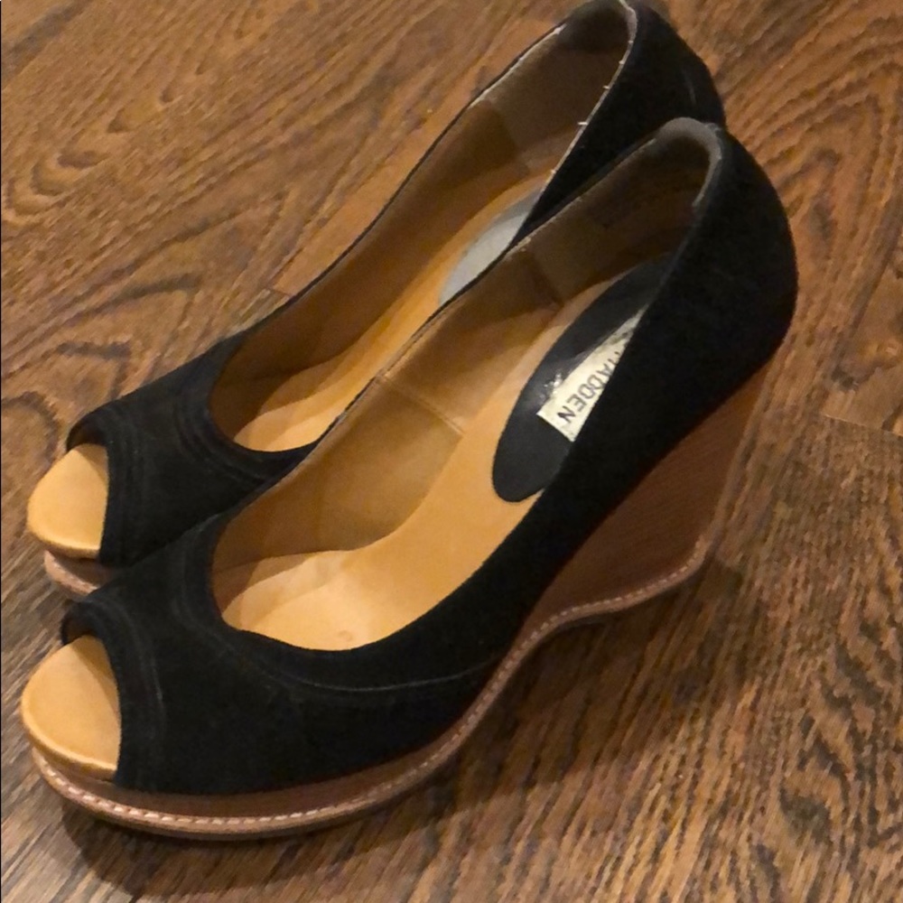 Black suede wedge wood heel peep toe